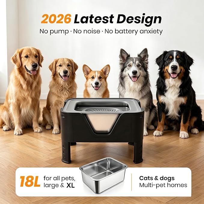 18L (4.7Gal) Extra Large (17.9x14x14.7) Elevated Dog Water Bowl, Height Adjustable Raised Stand for Large & XL Dogs, Stainless Steel No-Spill Bowl with Replaceable Filter for Multi Dog, No Pump