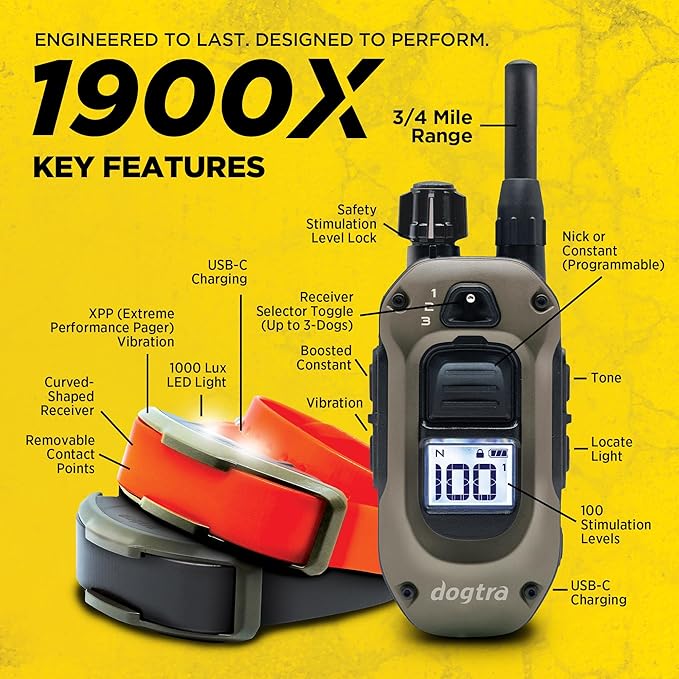 Dogtra 1900X 2-Dogs E-Collar with Remote - 3/4 Mile Range, 35 lbs+, LED Light, 100 Levels Control for Stubborn Dogs, Waterproof, Boost for Quick Recall, Vibration, Safety Lock & Tone