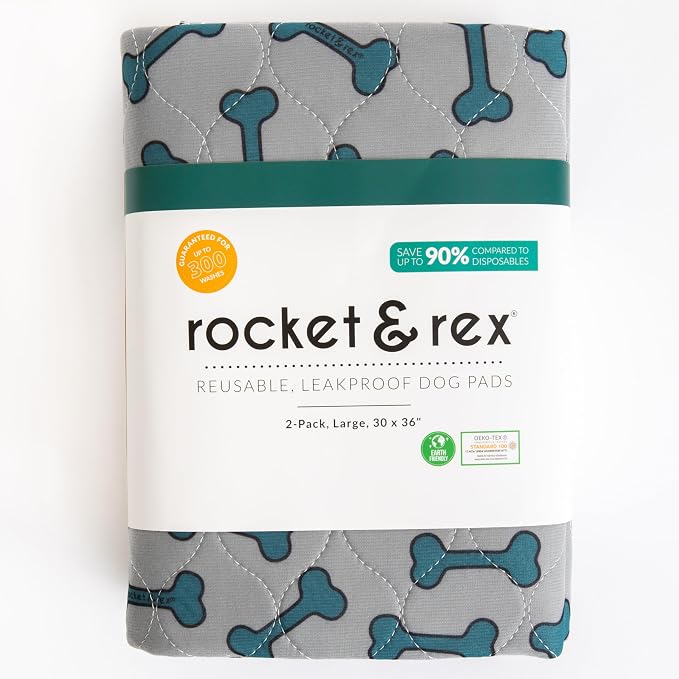 rocket & rex Washable Dog Pee Pads, Leak-Proof (Large, 30x36, 2pk) | For potty training, whelping, crate lining & more. Waterproof, Absorbent, OEKO-TEX certified, chemical-free.