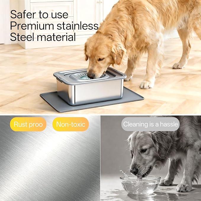 12L/3.17Gal Large Dog Water Bowl No Spill Stainless Steel | Pet Water Bowl for Messy Drinkers, Anti-Slip XXL Silicone Mat, Floating Disk & Dual Filtration