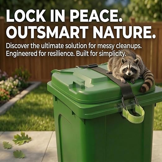Raccoon Proof Trash Can Lid Lock Strap - Heavy Duty Metal Hooks Garbage Can Lock for Animals, Dogs, Bears - Adjustable Universal Fit, Easy-Pull Handle for Clean Hands, No Drilling - 1 Pack