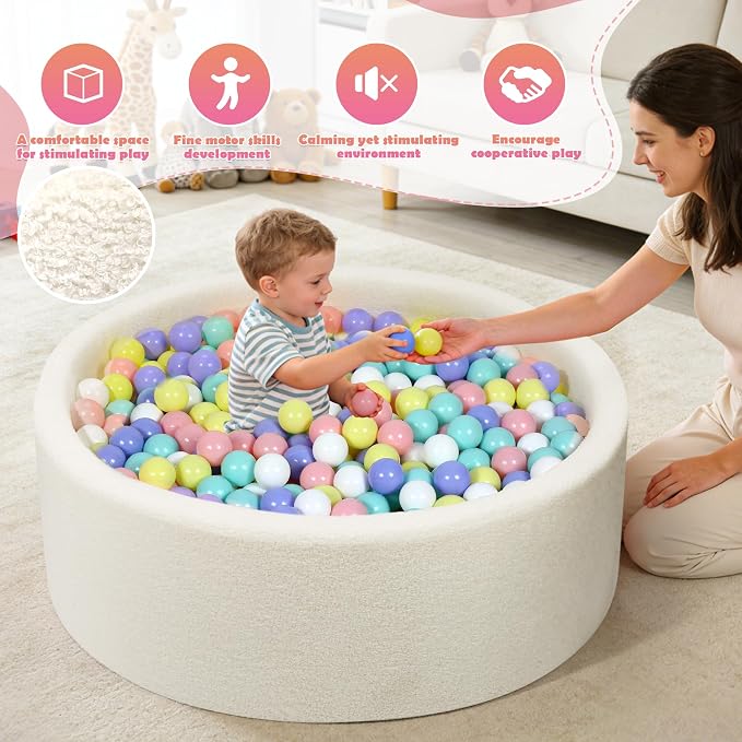 Imitation Teddy Foam Ball Pits 35.4"x 11.8" Soft Round Playpen for Toddlers Pets with Soft Memory Sponge for Babies Indoor and Outdoor Game White(Balls not Included)