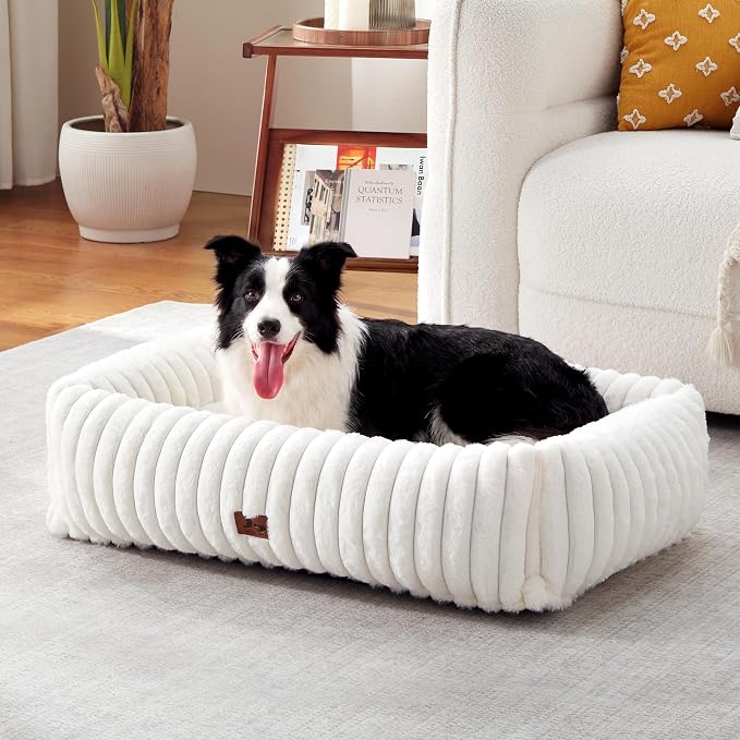 Dog Beds Large Sized Dog,Rectangle Orthopedic Pet Bed for Large Dog, Comfort Fluffy Memory Foam Dog Beds with Anti-Slip Bottom,Cream(35x25x9inchs)