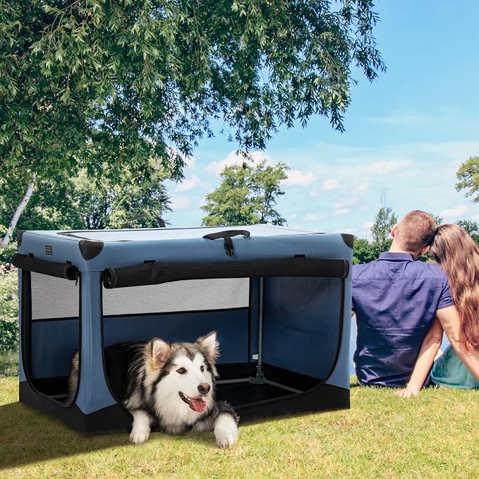 PETSFIT 40" Soft Portable Dog Crate – Patented Spiral Sturdy Frame, Collapsible Travel Kennel for Large Dogs, 3 Mesh Door, Lockable Zippers, Indoor & Car Use Blue