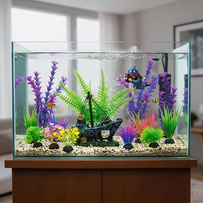 Ameliade Fish Tank Decor Set with Shipwreck Decoration, Little Diver Floating & 13 Aquatic Artificial Plants - Betta Plants & Hiding Spots for Aquariums and Small Fish Tank Accessories