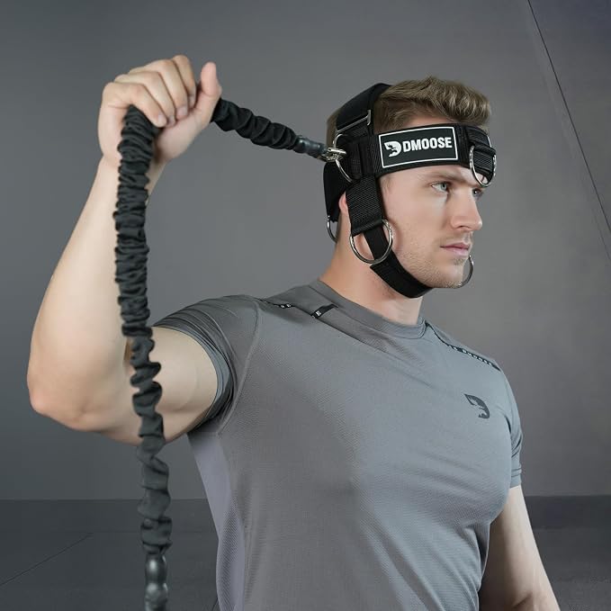 DMoose Fitness Neck Harness for Weight Lifting - Soft Padded Head & Chin Strap with 30" Heavy Duty Steel Chain - Neck Exerciser, Trainer & Strengthener to Support Injury Recovery and Intense Workouts