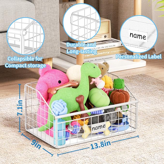 Kaiferty Indestructible Dog Toy basket, Small Toy Box for Dogs, Pet Toy Bin Dog Metal Basket for Toys, Dog Toy Storage, Dog Storage Organizer, Cat Dog Toy Box for Living Room Area (White)