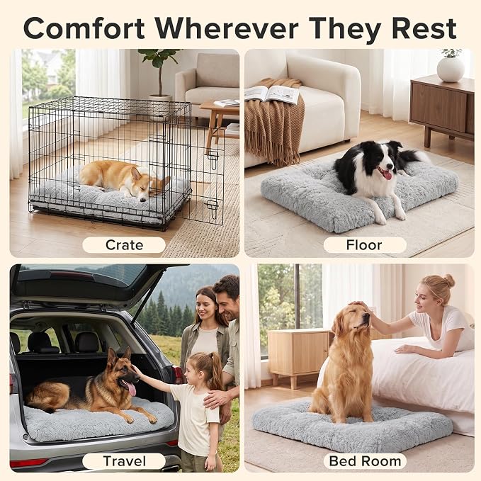 JOEJOY Large Dog Crate Pad, Fluffy Plush Washable Kennel Mat, 47" x 29" | Fluffy Plush Surface, Washable Cover, Cozy Thick Cushioning, Non-Slip Bottom, Crate & Kennel Fit, Dog Comfort Mat