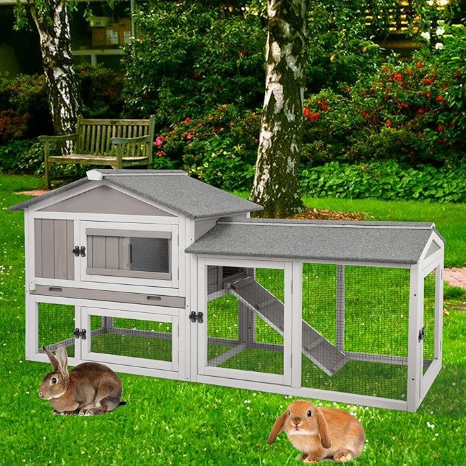 PetsCosset 57" L Rabbit Hutch Indoor and Outdoor 2-Story Rabbit Cage with Pull Out Tray,Fir Wood Guinea Pig Cages with Wooden Ramp,Waterproof Bunny Cage Indoor Bunny Hutch with Waterproof Roof,Grey