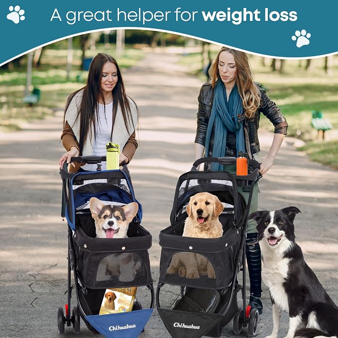 Pet Stroller,Dog Stroller for Small Medium Dogs Cats,3 Wheels,Green | Foldable,with Breathable Mesh Canopy,Cup Holders,Easy Assembly