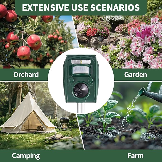 Upgraded Solar Ultrasonic Squirrel Deer Repellent Devices Motion Detection 5 Adjustable Modes, Cat Raccoon Rabbit Dog Deterrent, Animal Repellent with Waterproof for Yard, 1P Dark Green