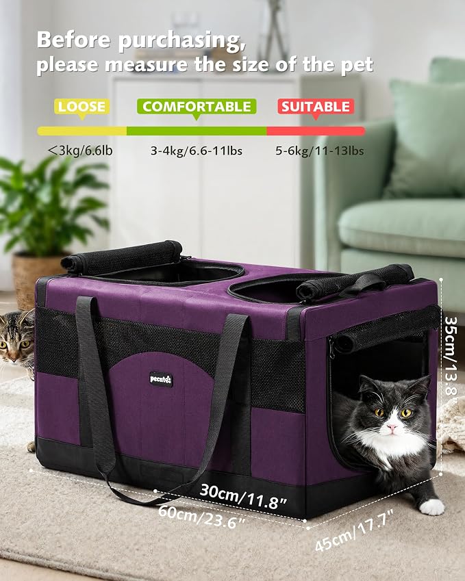 Pecute Cat Carrier, Soft Double Pet Crate for 2 Cats Travel, Purple | 5mm Anti-collapse Frame, Convertible Dual Space, Foldable, Polyester Breathable mesh, Up to 26 lbs, Car Travel & Vet Visits