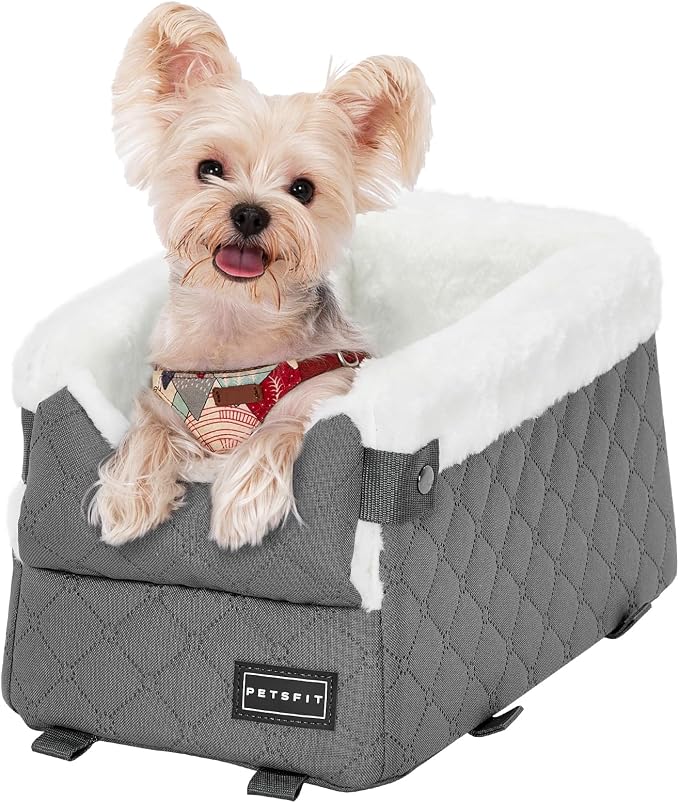 PETSFIT Center Console Dog Car Seat with Adjustable Seat-Rail Anchor Hooks | Anti-Collapse Armrest Booster Car Seat with Safety Tether, Washable Cushion, Soft Pillow for Pets Under 8 lbs, Grey
