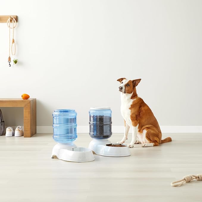 Amazon Basics Large Capacity Automatic Pet Water Dispenser and Gravity Feeder Set, Easy to Clean, 456.6fl.oz Food, 382.1fl.oz Water, Pack of 2