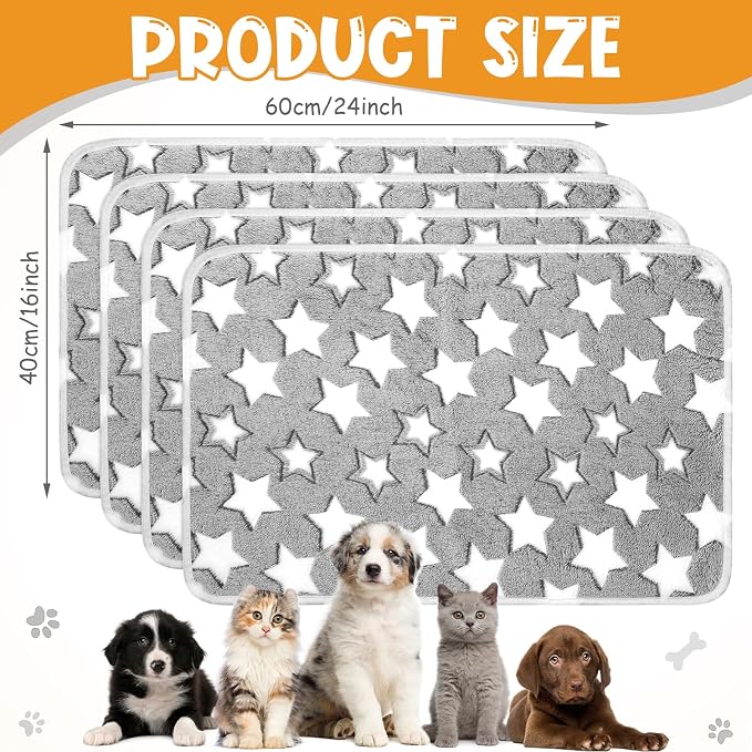 Tatuo 4 Pack Fleece Dog Blankets for Puppy Cats Multi-Size Sleep Mat for Pet Guinea Pig Soft Washable Warm Crate Bed Puppy Teething Toys Print Pattern Blanket Indoor(White,Grey,24 x 16 Inch,Star)