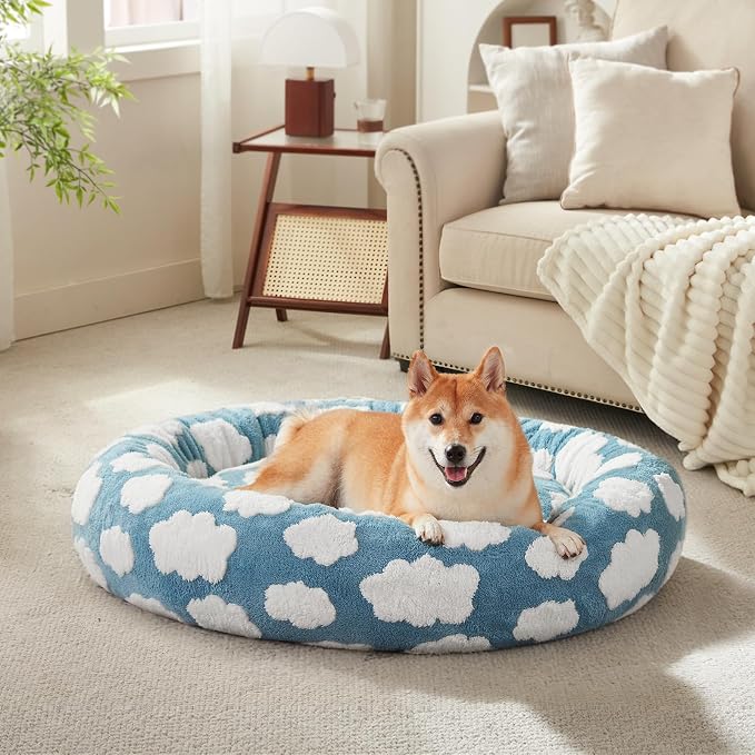 JOEJOY Jacquard Donut Round Small Dog Beds,Blue 27x27x8in, Removable Washable Cover, Cute Pattern, Ultra Soft Fluffy Calming Pet Bed with Thick Supportive Bolster