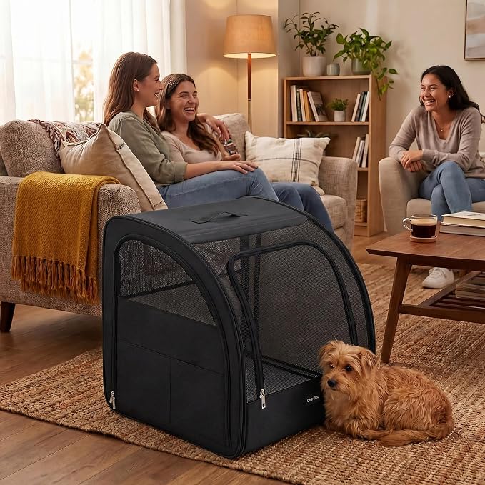 Dog Car Crate, Enclosed Foldable Cat Car Seat Carrier, 20x19x19.5in, Black | Portable Dog Cat Carrier with Seatbelt Attachment & Headrest Strap, Soft-sided Pet Kennel with Bed for Pet Travel up to 25 lb