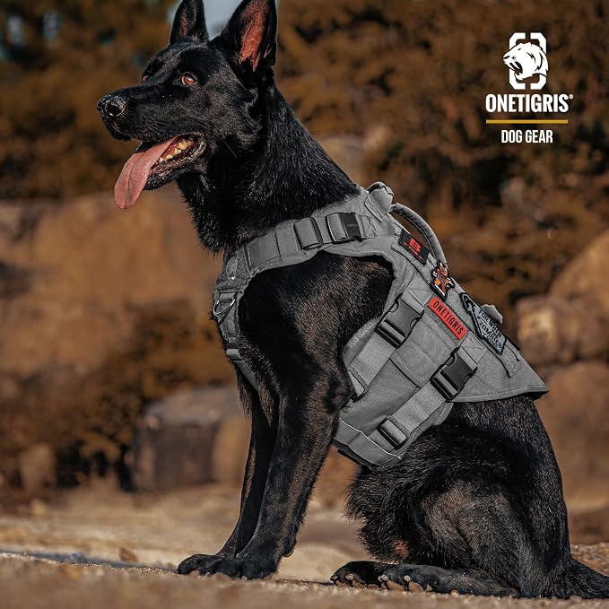 OneTigris Large Tactical Dog Harness, No Pulling Adjustable Dog Vest Harness, Heavy Duty Dog Harness with Handle, Large Hook and Loop Panels for Patch(Grey,S)