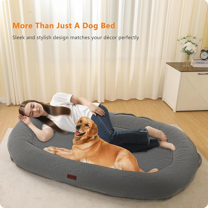 Human Dog Bed for Adult, Orthopedic Gel Memory Foam, 71"x47"x9" | Human Dog Bed Fits Adult & Pets, Reversible Egg-Crate Foam Cushion, Washable Pet Bed with Blanket, Cement Grey