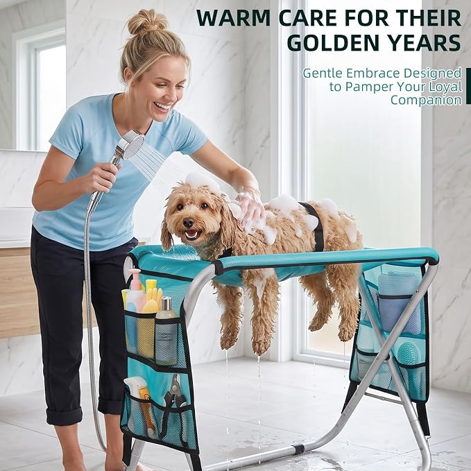 Dog Grooming Hammock with Stand, Dog Grooming Table for Senior Dogs Bath | 50 lbs Capacity, Ground Support Design, Heavy-Duty Aluminum Frame, Breathable Washable Mesh, Foldable Storage, Turquoise