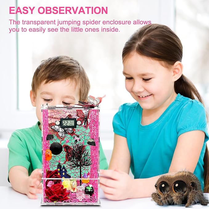Jumping Spider Enclosure,DIY Insects Habitat,Small Reptile Terrarium Glass House Accessories Set,with Temperature and Humidity Detector Water Feeder Platform Hide,5.5“x5.5”x9.5“ (Pink)