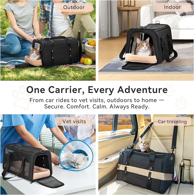 PETSFIT Large Cat Carrier with Patented Safety Buckles,Big Cats Up to 20 lb | Secure Carrier for Safe Driving, Lockable Zippers, Safety Tether, Travel Pet Carrier for Trips & Vet Visits,19 x 12 x 12