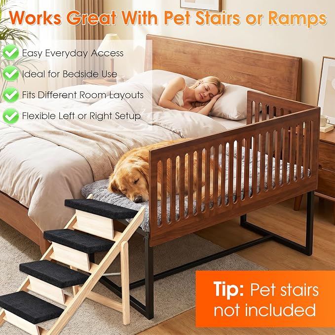 TIEBOLA Bedside Dog Bed 41"x18", Adjustable Height Metal Frame with Soft Cushion for Small Medium Dogs.