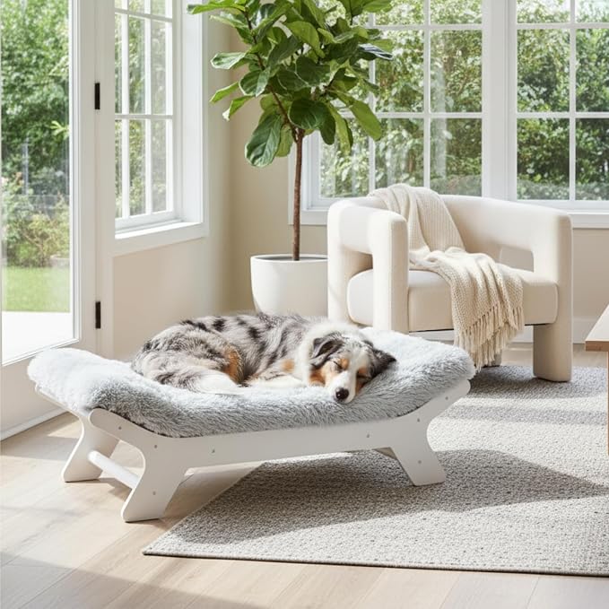 Elevated Wood Dog Bed Frame Mat Set, Whitecolor, Large | Raised Sturdy Attractive Dog Sofa Couch Furniture,80 lb