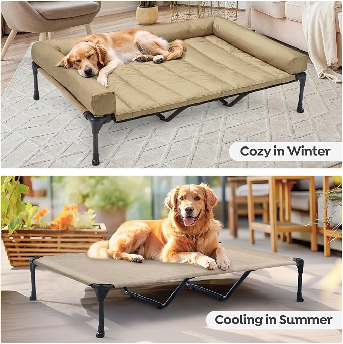 Veehoo Cooling Elevated Dog Bed Add Removable Waterproof Bolster Cushion Mat, Raised Pet Cot with Breathable Teslin Mesh, No-Slip Feet, Dog Couch Bed for Indoor Outdoor, 59x37.5inches, Beige, CWC2331B