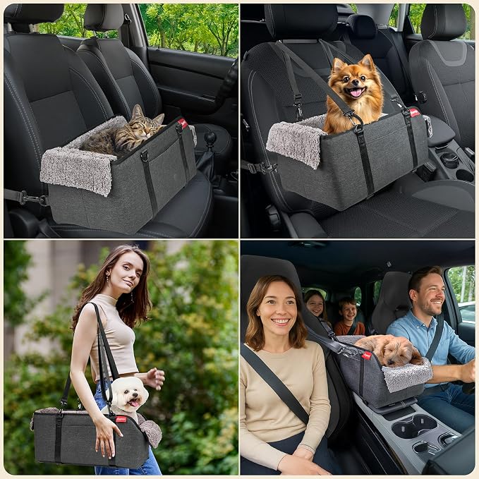 Center Console Dog Car Seat for Small Pets to 11lbs, Grey | Anti-collapse armrest Console seat with washable fluffy cushion, pillow & tether for stable, cozy pet travel trips.