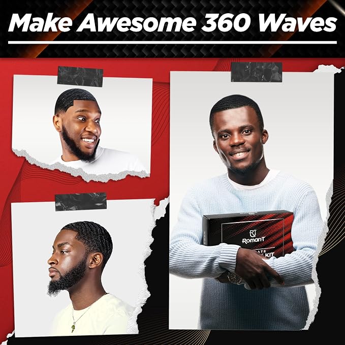 Roman-T 8-in-1 360 Wave Kit for Men - Grooming Kit for 360 Waves - 3 Wave Brushes, Soft, Medium & Hard - 2 Satin Durag, Hand Mirror, Comb, Hair Brush Cleaner - Gift Set, Black