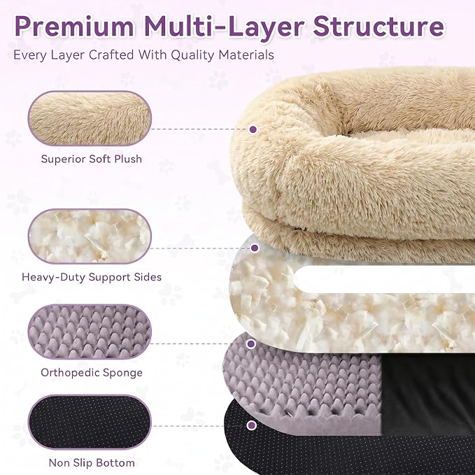Human Dog Bed with Pillow & Blanket - 71 × 45 × 12 Inch | Oversized Pet Bed for Large Dogs, Leak-Resistant Washable Dog Couch Bed for People & Dogs to Share Beige