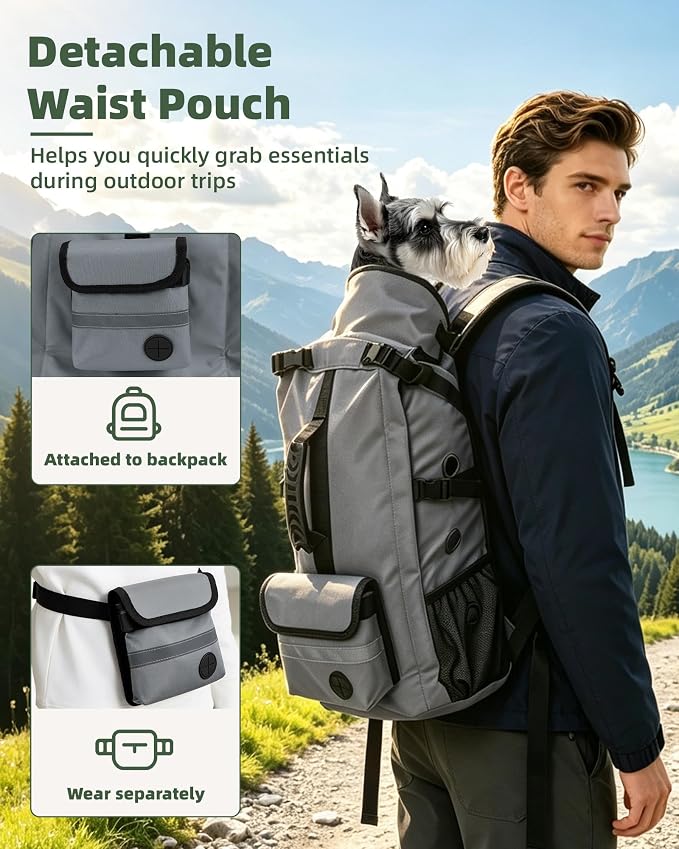 Breathable Dog Hiking Backpack Carrier for Small Dogs, Grey | 4-Layer Protection, Adjustable Dog Backpack with Storage Pockets, Reflective Strips, 3D Ergonomic Support, Under 24 lb