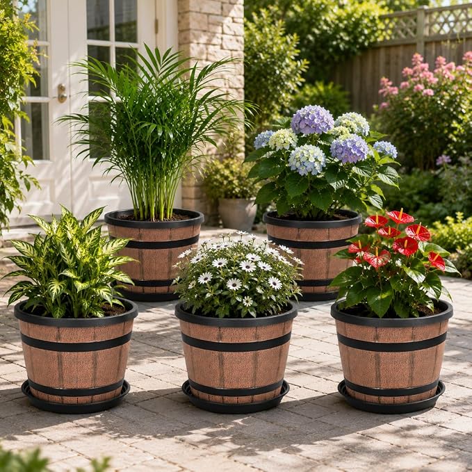 10 Inch Whiskey Barrel Planters with Drainage Holes & Saucer, 5 Pack Plastic Plant Pots with Wine Barrel Design, Flower Pots for Indoor Outdoor Balcony