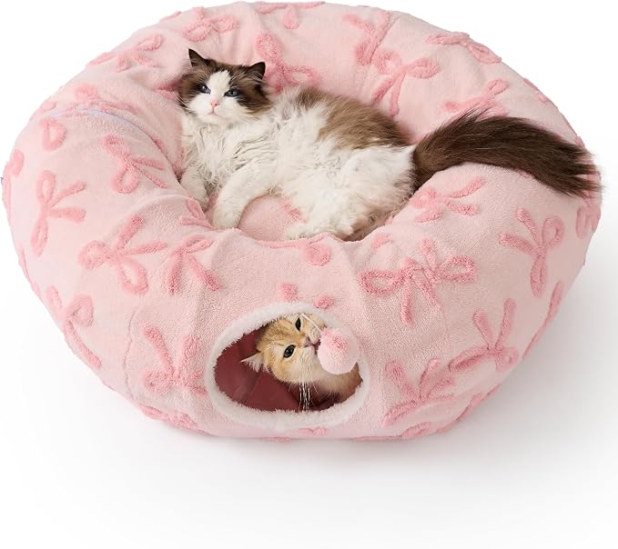 Lesure Donut Cute Jacquard Cat Tunnel Bed Kitten Toys for Puppy Bunny | 33.5x33.5x10in,Round Cat Bed Tube for Indoor Cats Rabbit Dog,Pet Peekaboo Cave Toy,Spiral Hideaway,Washable Cushion,Pink