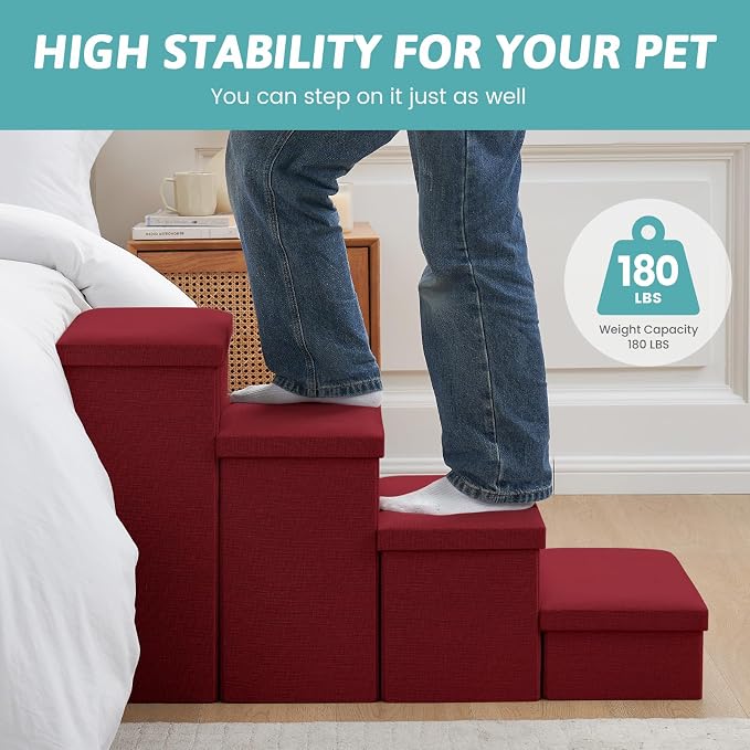 Dog Stairs with Storage, 3-Step Wider Sturdy Dog Steps for Small/Medium/Large Dogs and Older Cats, Folding Doggie Ramp for Bed/Couch/Car Hold Up to 180 lbs (16.7" H, Burgundy)