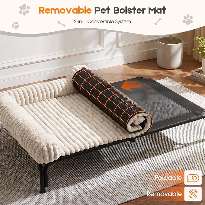 Elevated Dog Bed with Removable Fluffy Pillow Cushion, Raised Pet Cot Washable Bolster, Dog Couch Sofa, Anti Slip Feet, Breathable Mesh, Cream, 49"×36"