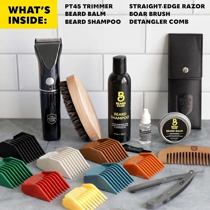 Beard Club Mens Grooming Kit & Beard Trimmer for Men - Professional Cordless Electric Hair & Moustache Trimmer, Straight Razor, Shampoo, Balm, Brush & Comb - Grooming Kit Gift Set