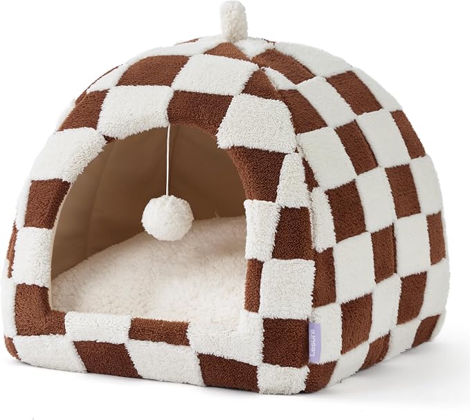 Lesure 2in1 Cute Cat House for Kitten with Washable Cushioned Pillow,17.3in | Cat Beds for Indoor Cats,Small Pet Cave Tent,Cozy Enclosed Foldable Hideaway,Fluffy Ball,Anti Slip Bottom,Hand Strap,Brown