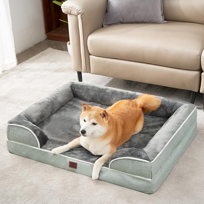 EHEYCIGA Orthopedic Dog Beds Large Sized Dog, Waterproof Washable Pet Bed | Non-Slip Bottom and Egg-Crate Memory Foam Dog Couch Bed with Washable Removable Cover, Greyish Green