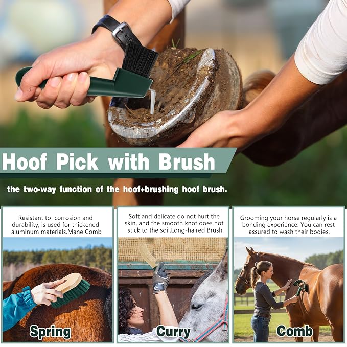 Abbylike 12 Piece Horse Grooming Kit with Organizer Tote Bag Brush Sets for Derby Day Show Horses Professional Tools for Care & Massage(Khaki and Green)