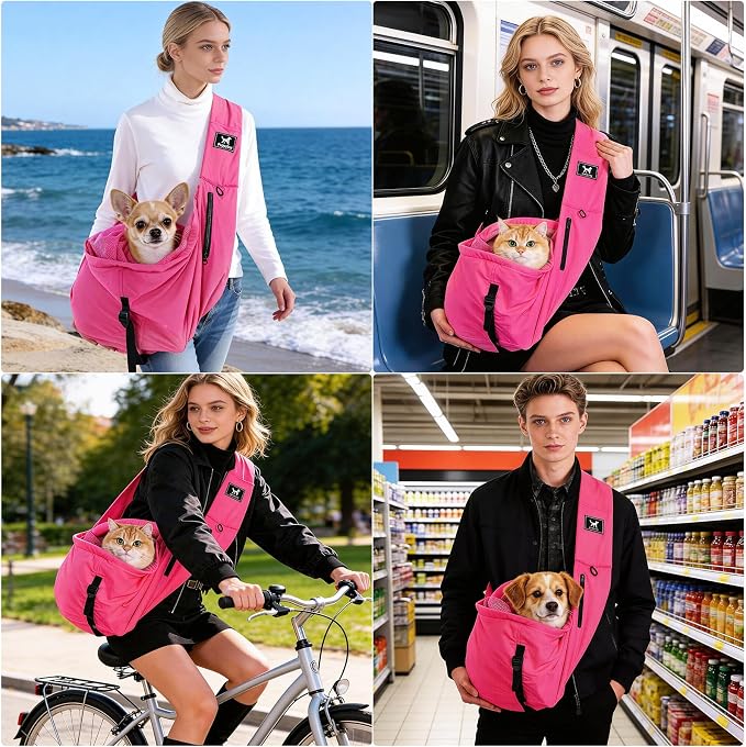 Dog Sling Carrier for Small Dogs & Cats 5-20 lbs, Adjustable Depth | Breathable Air Mesh Puppy Sling, Water-Resistant Travel Bag, Double Safety Leash, Machine Washable, Hands-Free Pouch, Fuchsia