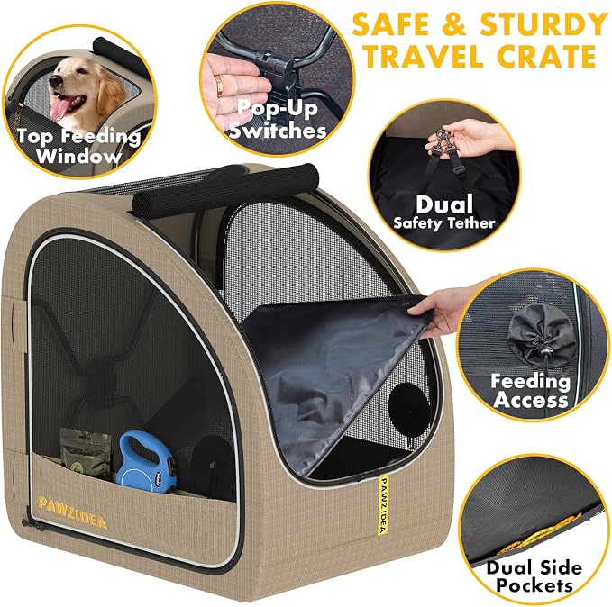 PAWZIDEA Portable Dog Crate for Car Travel, Medium & Large Dogs Up to 80lbs | Enclosed Soft-Sided Dog Car Kennel for Backseat, Secures w/ Seatbelt & Headrest Strap, Collapsible Car Carrier, Chew-Proof