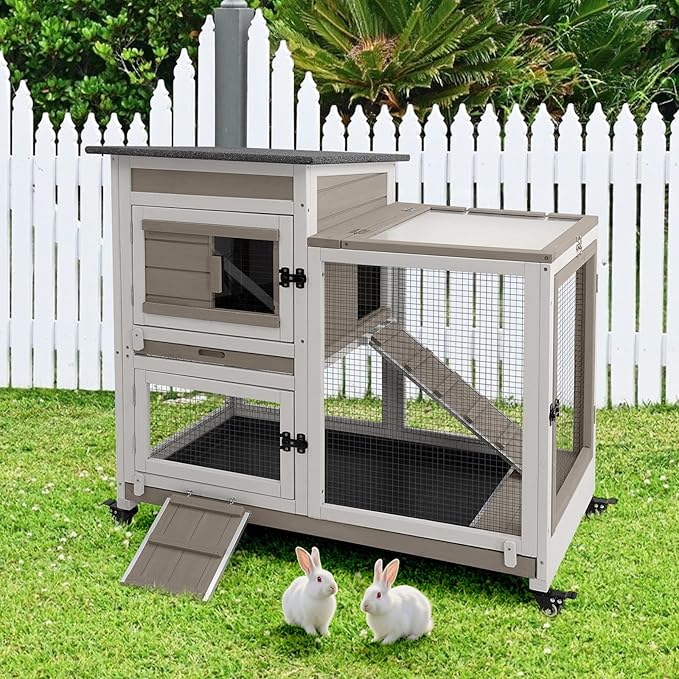 2 Story Rabbit Hutch Indoor with 2 Deeper Pull-Out Trays, Wooden Guinea Pig Cages with 4 Lockable Wheels, Ramp, Chew-Anti Metal Strip for Rabbit, Guinea Pig, Hamster(40.2" L X 23.2" W X 36.6" H)