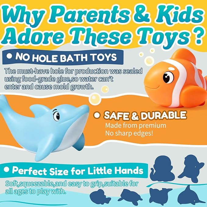 Mold Free Bath Toys - 6 Pcs Ocean Baby Bath Toys for Kids Ages 1-3, No Hole Design Keeps Moisture Out, Toddlers Learn Sea Animals with Bathtub Soft Squeeze Toys, Pool Toy