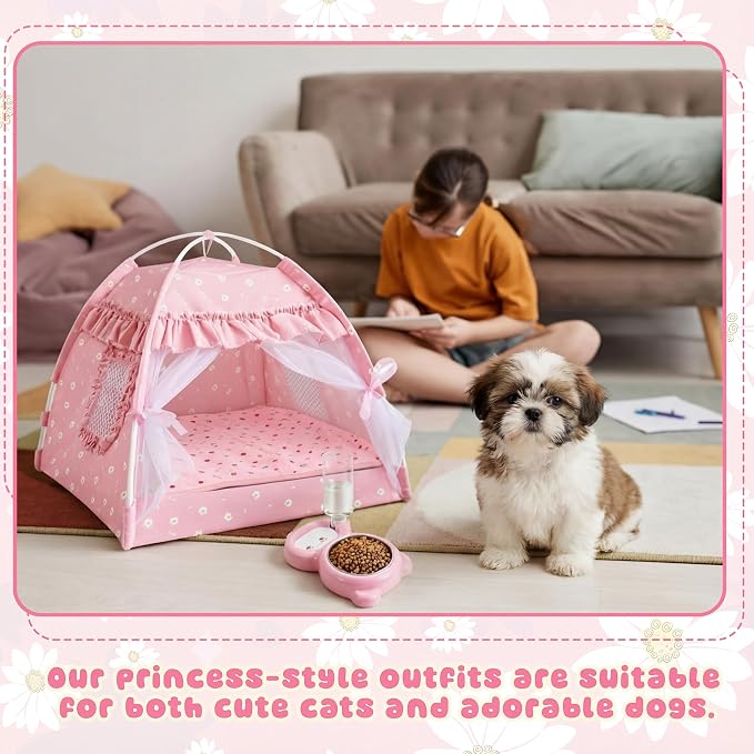 BreezeHug Cat Tent Bed with Bowl Water Dispenser Washable Cushion Blanket, Pink Princess Indoor Pet House Small Dog Bed Puppy Nest for Kitten Teacup Chihuahua Yorkie Maltese, 13.78 x 13.78 x 13.78 in
