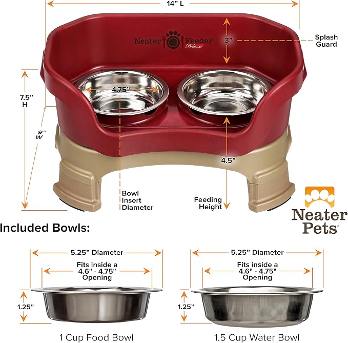 Neater Feeder Deluxe Mess-Proof Elevated Cat Bowls, 2 Height Adjustable (6” & 7.5”) No-Spill Raised Cat Bowl Stand, Whisker Friendly Stainless Steel Dishes for Indoor Cats, Made in USA, Cranberry