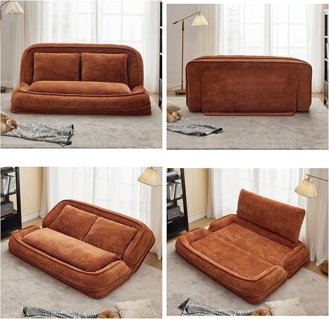 Foldable Lazy Sofa Bed, Double Human Dog Bed for Adults, Orange | Skin-friendly Breathable Soft Chenille Upholstered, 5 Adjustable Backrest Positions, 3 Soft Cushions for Living Room