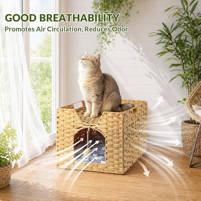 Handwoven Rattan Cat Bed Indoor Kitten, Cat Bed Cave with Cushion, Sisal Ball & S-Shaped Hooks, Foldable Hideaway Cat House for Bedroom Living Room, Natural