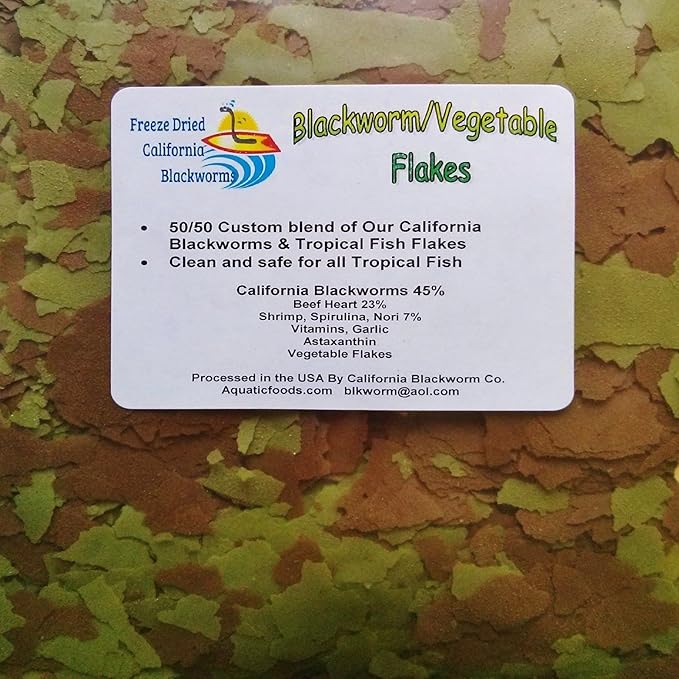 Aquatic Foods Inc. Flakes - 45% California Blackworm & Vegetable Flake Mix for Discus, Cichlids, Tetras, Guppies, Live Bearers, Pond Fish, All Community Tropical Fish Premium AF Flakes - 1/8-lb
